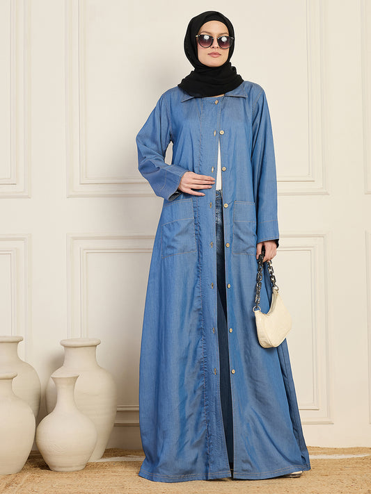 Front Open Denim Blue Solid Abaya With Black Georgette Hijab