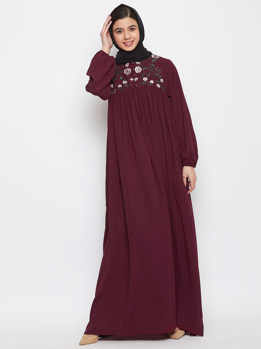 Maroon Chikan Hand Embroidery Work Abaya for Women with Black Georgette Scarf