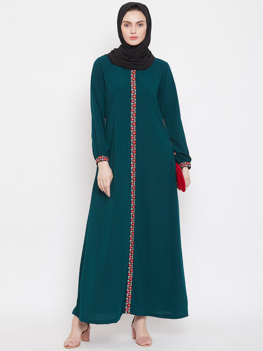 Nabia Bottle Green Color Chikan Hand Embroidery Abaya for Women with Black Georgette Scarf