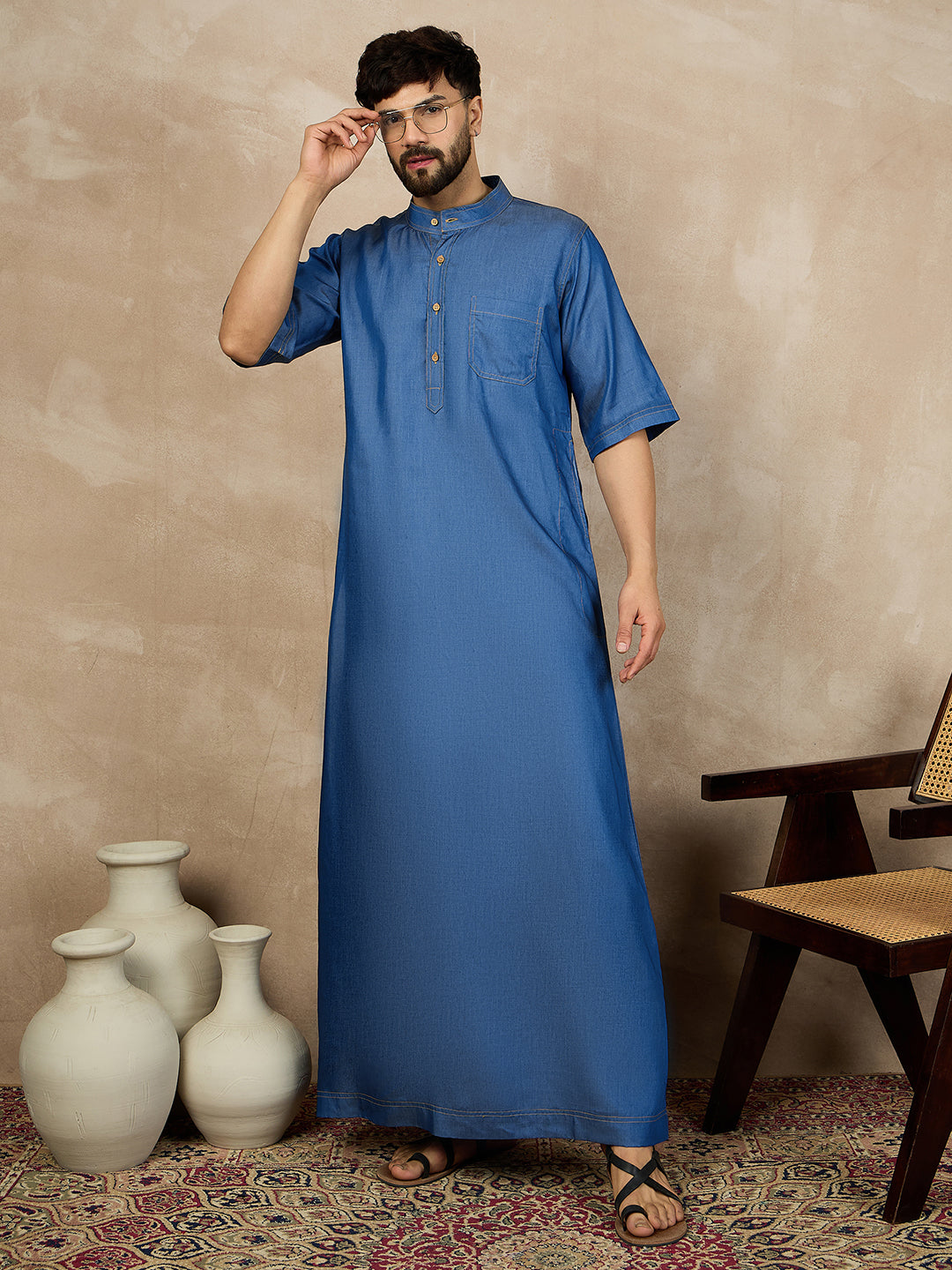 Blue Solid Half Sleeve Denim Arabic Thobe/Jubba For Men