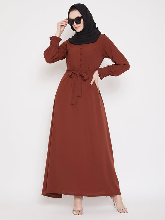 Rust Solid Nida Matte Fabric Abaya Dress For Women With Black Georgette Hijab