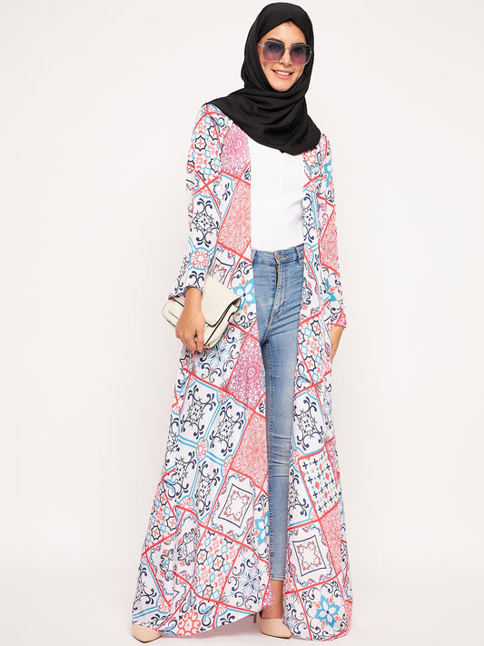 Multicolor Printed Front Open Shrug with Black Georgette Hijab