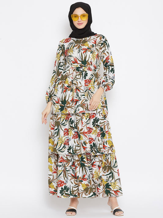 White and Green Floral Printed Crepe 3 Frill Abaya Dress for Women with Black Georgette Hijab