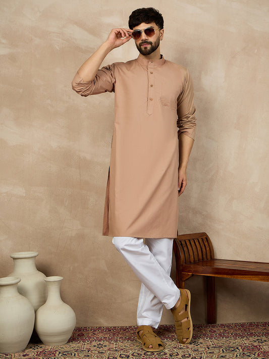 Beige Solid Cotton Kurta and White Pajama Set For Men