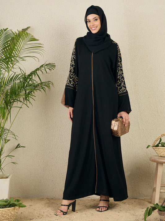 Front Open Black Embroidered Abaya with Black Scarf
