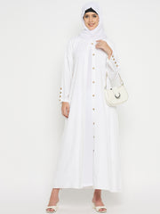 Front Open Rayon Solid White Abaya suitable for Umrah / Hajj with Black Hijab