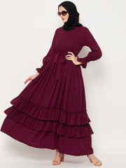 Women Maroon Casual Frilled Abaya Burqa With Belt and Black Hijab