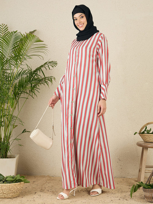 Front Open Striped Printed Abaya with Black Hijab