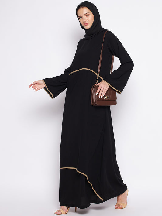 Piping Design Black Abaya for Women Black Georgette Hijab