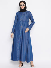 Solid Blue Plates Design Abaya Dress with Black Georgette Hijab