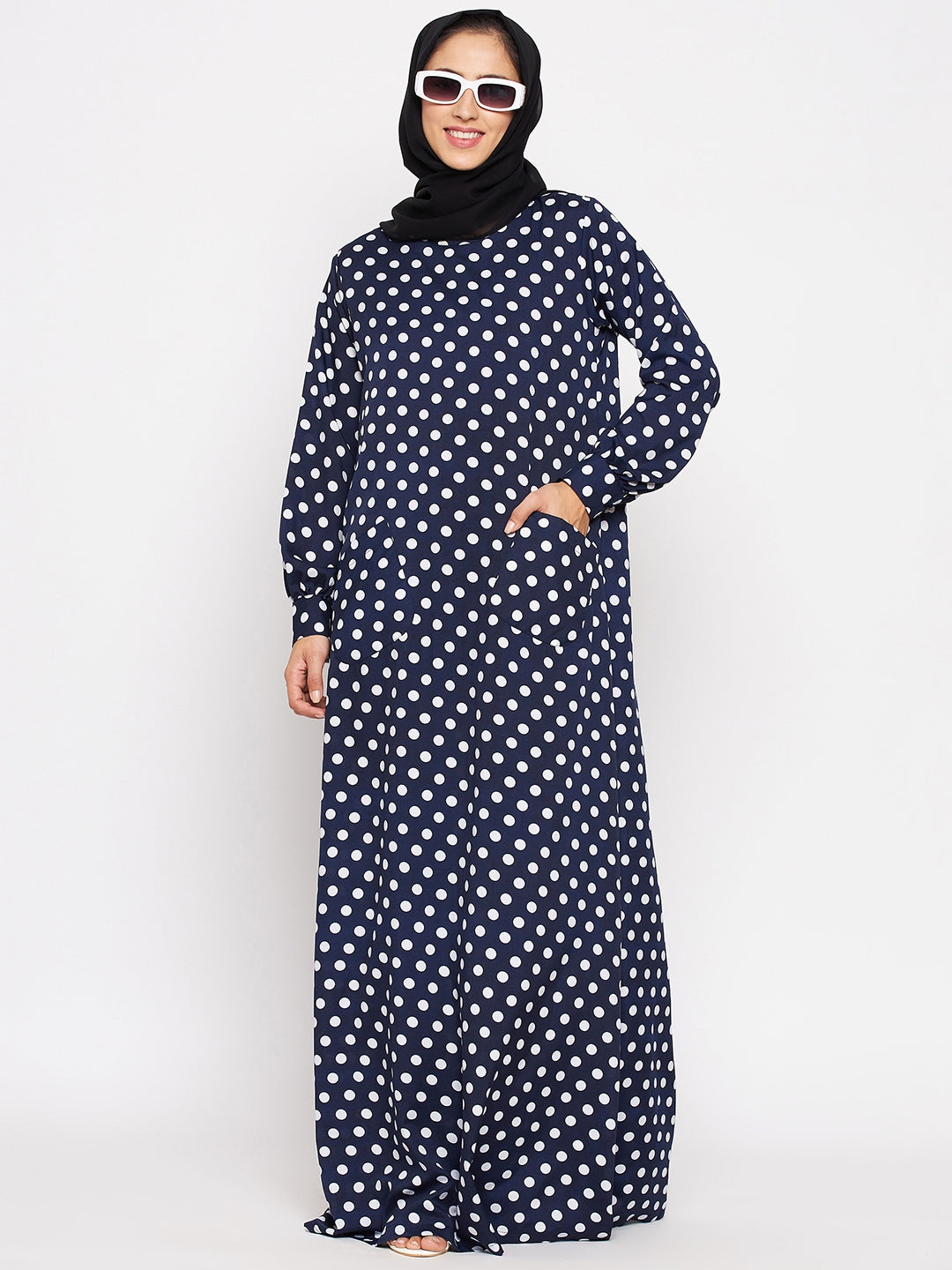 Blue Polka Design Abaya for Women with Black Georgette Hijab