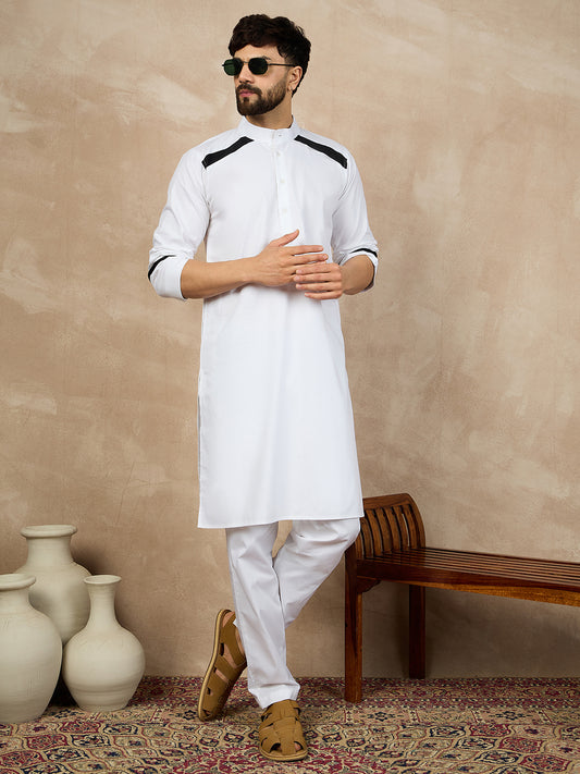 White Solid Mandarin Collar Cotton Kurta For Men With Piping Detailing