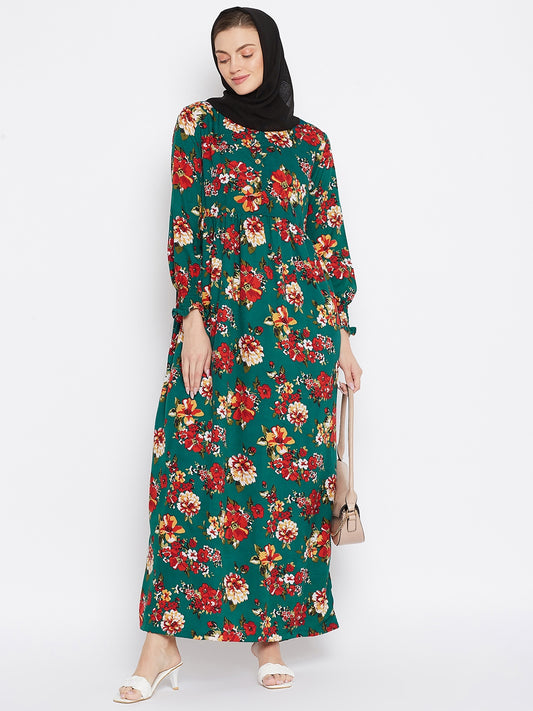 Bottle Green Floral Printed Crepe Abaya Dress with Black Georgette Hijab