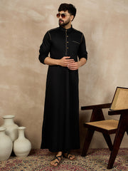 Men's Arabic Black Solid Cotton Thobe With Piping Detailing