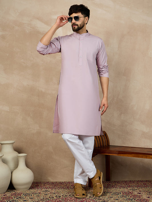 Men's Solid Lavender Color Cotton Kurta and White Pajama Set