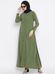 Solid Jade Green Plates Design Abaya Dress with Black Georgette Hijab