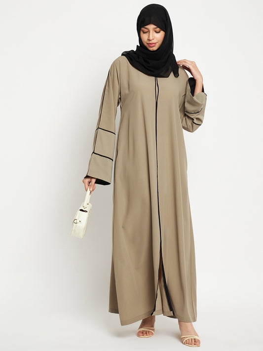 Beige A-Line Black Piping Design Abaya for Women with Black Georgette Hijab