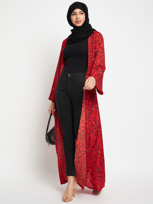 Red Floral Printed Front Open Shrug with Black Georgette Hijab