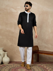 Black Solid Mandarin Collar Cotton Kurta For Men With Piping Detailing