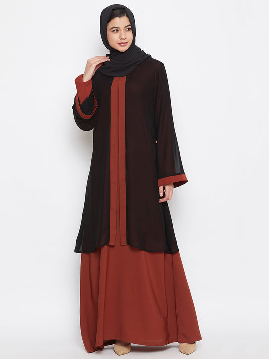 Black and Rust Solid Shrug Attached Casual Abaya for Women With Black Georgette Scarf