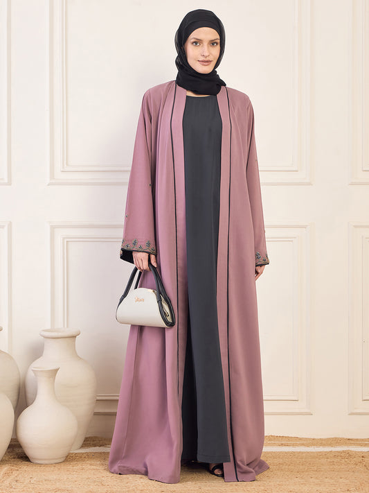 Pink and Olive Black Solid Luxury Handworked Abaya Burqa for Women with Black Hijab