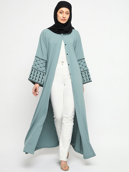Front Open Sea Green Kefiyyeh Embroidery Abaya With Black Hijab