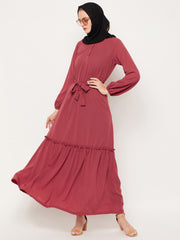 Rust Solid Frill Abaya Dress for Women with Black Georgette Scarf