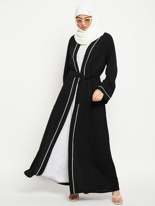 White Lace Design Front Open Black Abaya Burqa with Black Georgette Hijab