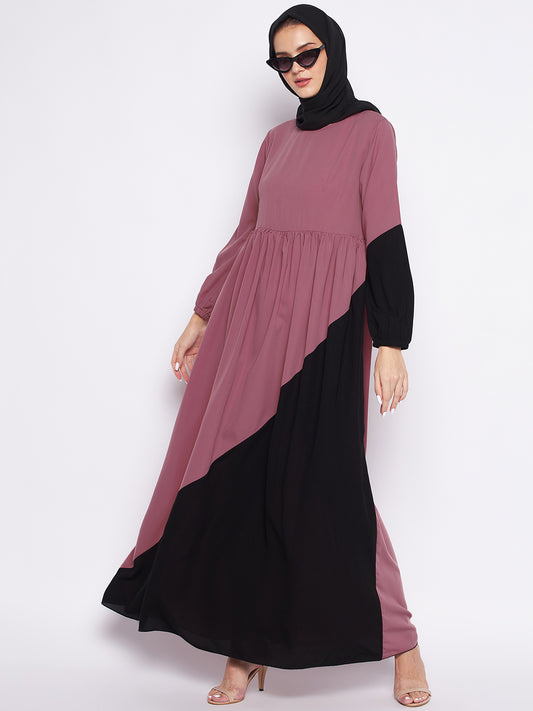 Black and Puce Pink Abaya Dress with Black Georgette Hijab