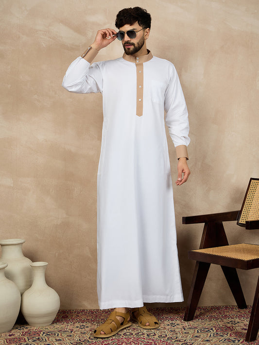 White Solid Arabic Cotton Thobe For Men with Beige Piping Detailing