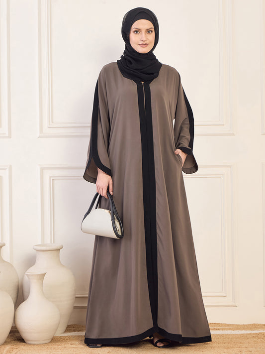 Grey Solid  Black Piping Detailing Aline Abaya Burqa With Black Georgette Hijab