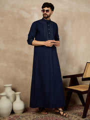 Blue Solid Thread Detailing Cotton Arabic Jubba / Thobe For Men