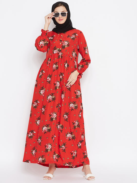 Red Floral Printed Crepe Abaya Dress with Black Georgette Hijab