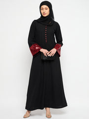 Comfotable Embroidery Black Abaya For Women With Black Georgette Scarf
