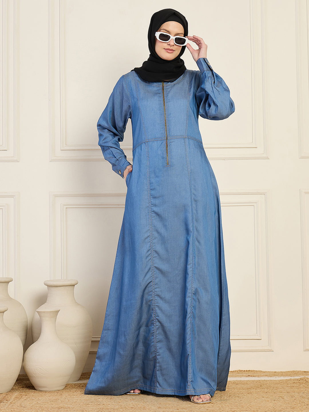 Blue Solid Cuffed Sleeves Denim Abaya Burqa With Black Georgette Hijab