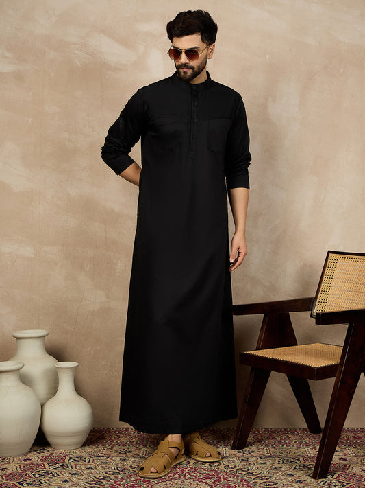 Black Solid Cotton Mandarin Collar Arabic Thobe / Jubba For Men