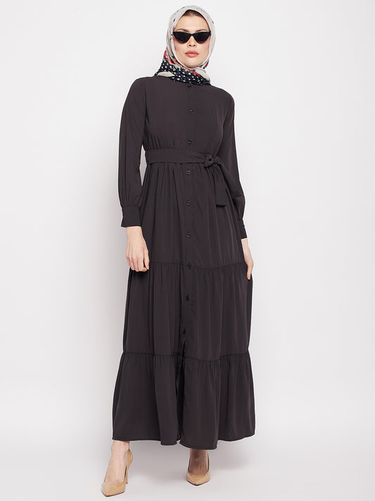 Frilled Olive Black Abaya Burqa For Women With Belt and Black Hijab