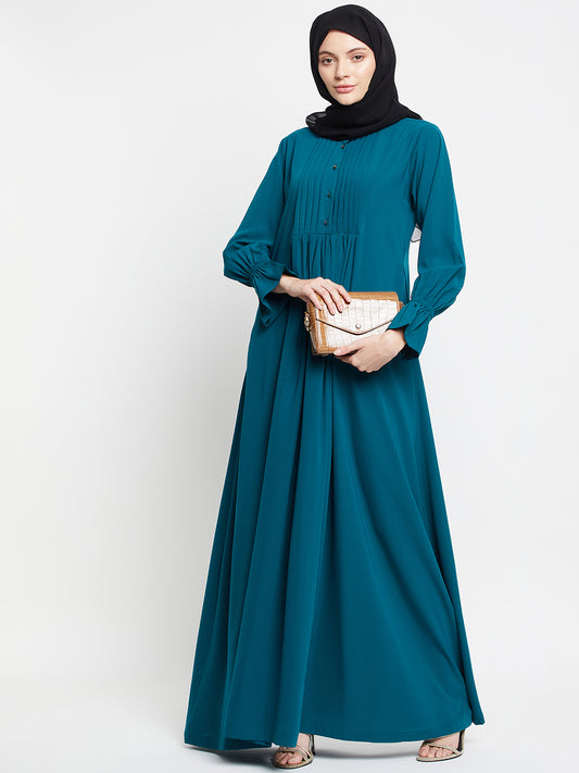 Bottle Green A-Line Abaya for Women with Black Georgette Hijab