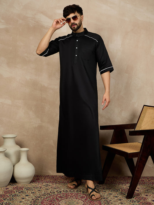 Black Solid Half Sleeve Cotton Arabic Thobe/Jubba For Men