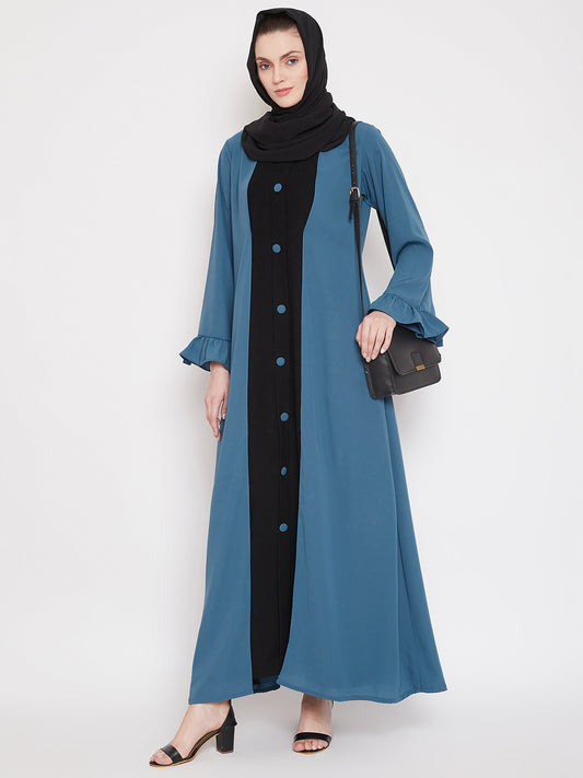 Blue & Black Bell Sleeves Abaya for Women with Black Georgette Scarf