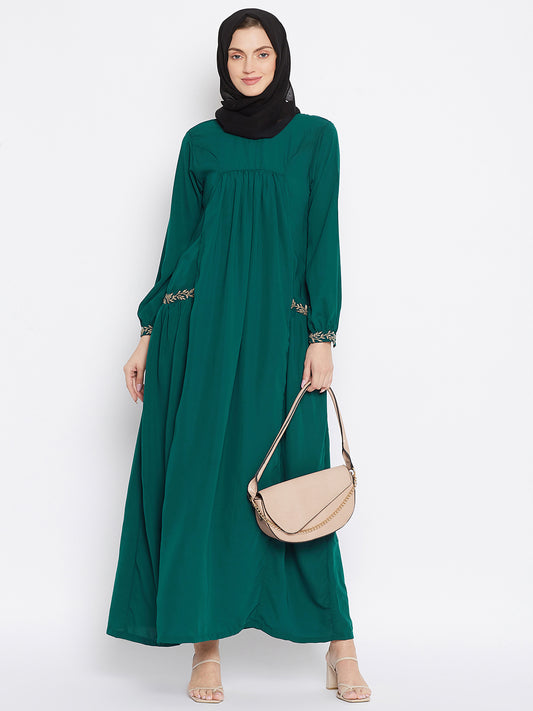 Bottle Green Abaya for Women with Chikan hand Embroidery with Black Georgette Scarf