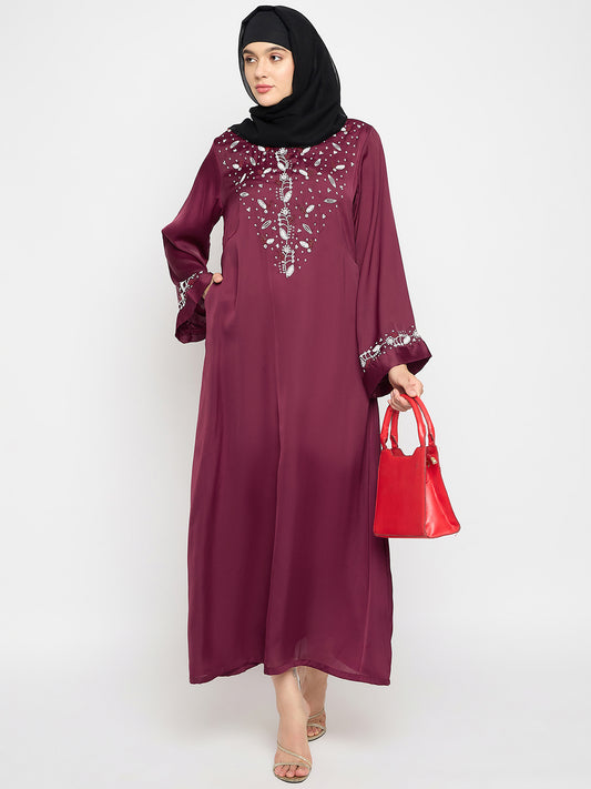 Hand Work Detailing Maroon Solid Luxury Abaya Burqa with Black Hijab