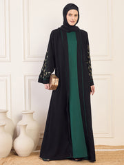 Black and Bottle Green Solid Luxury Hand worked Abaya Burqa for Women with Black Hijab