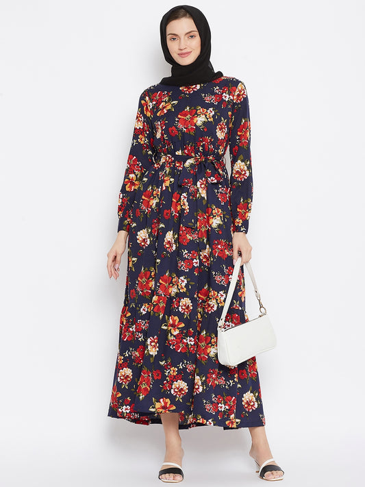 Blue and Red Floral Printed Crepe Frill Abaya Dress for Women with Black Georgette Scarf