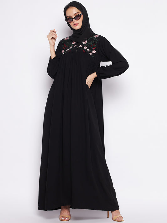 Black Chikan Hand Embroidery Work Abaya for Women with Black Georgette Scarf