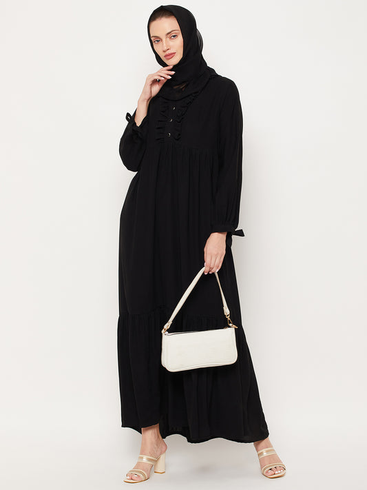 Black Ruffle Design Abaya for Women with Black Georgette Scarf