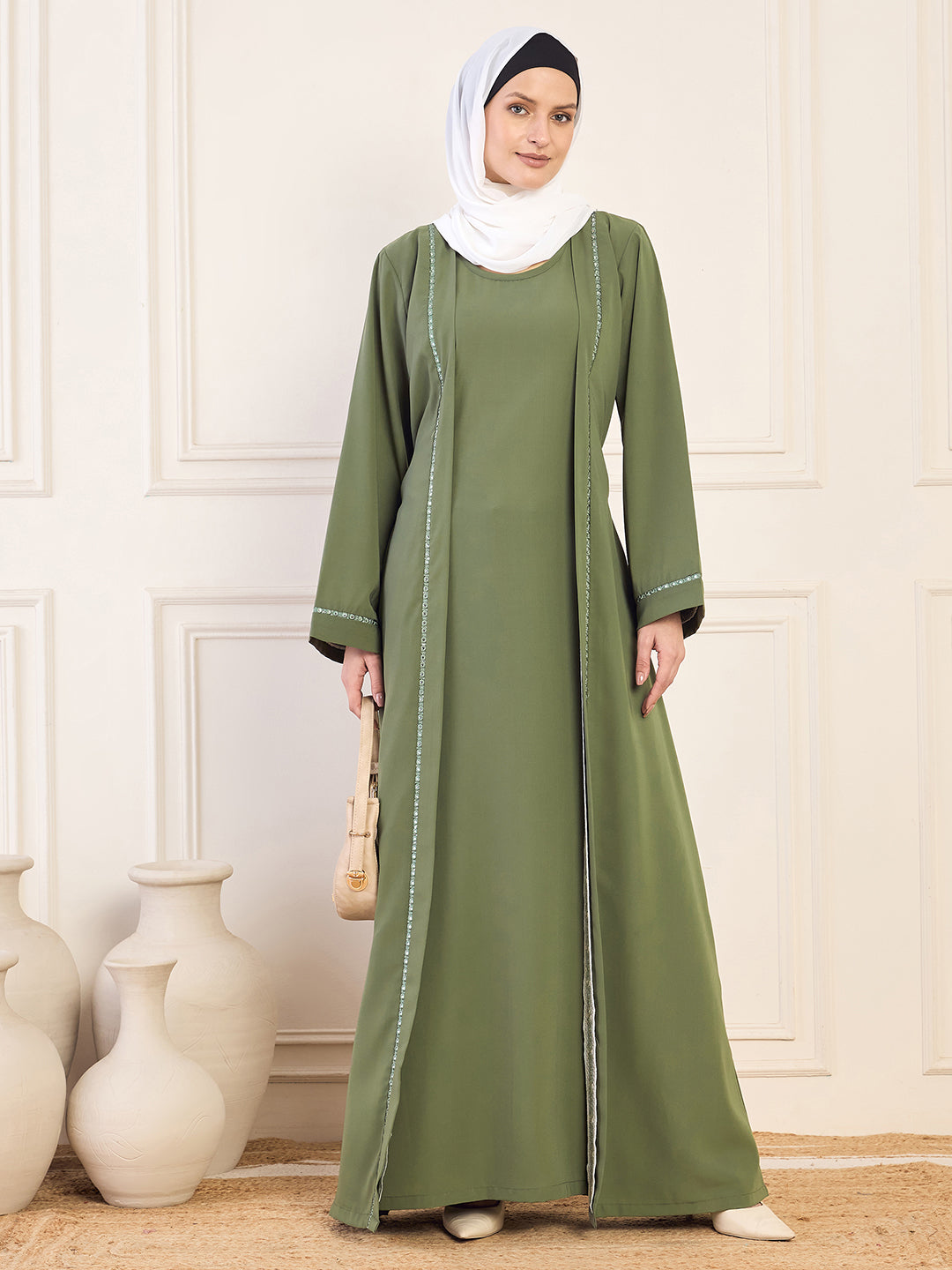 Jade Green Embroidered Solid Abaya Burqa With White Georgette Hijab