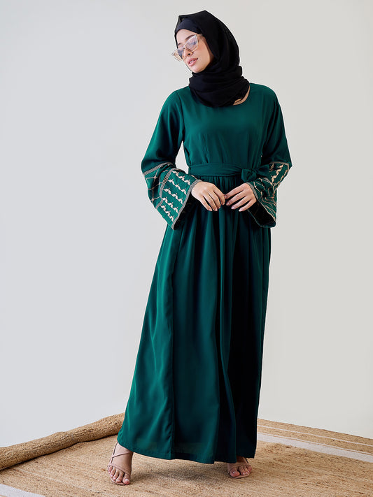 Kefiyyeh Embroidered Bottle Green Abaya Burqa With Black Georgette Hijab