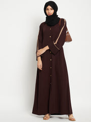 Front Open Solid Women Brown Abaya Burqa With Black Georgette Scarf