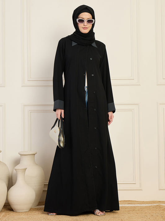 Front-Open Black Solid Collared Abaya with Black Georgette Hijab